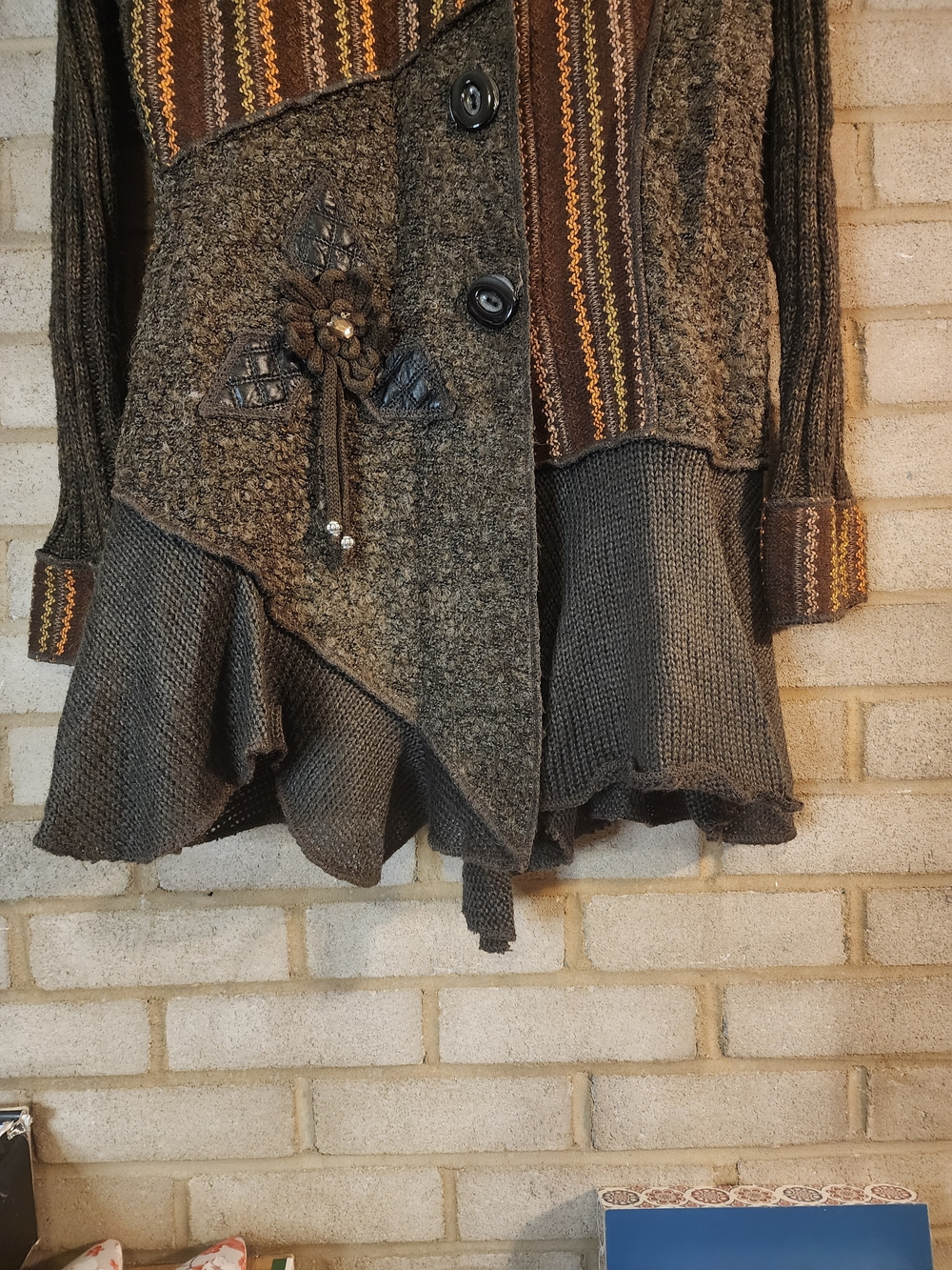 Liquid by Sioni Boho Patchwork Knit Cardigan Jacket in Brown & Tan - Picture 7 of 14